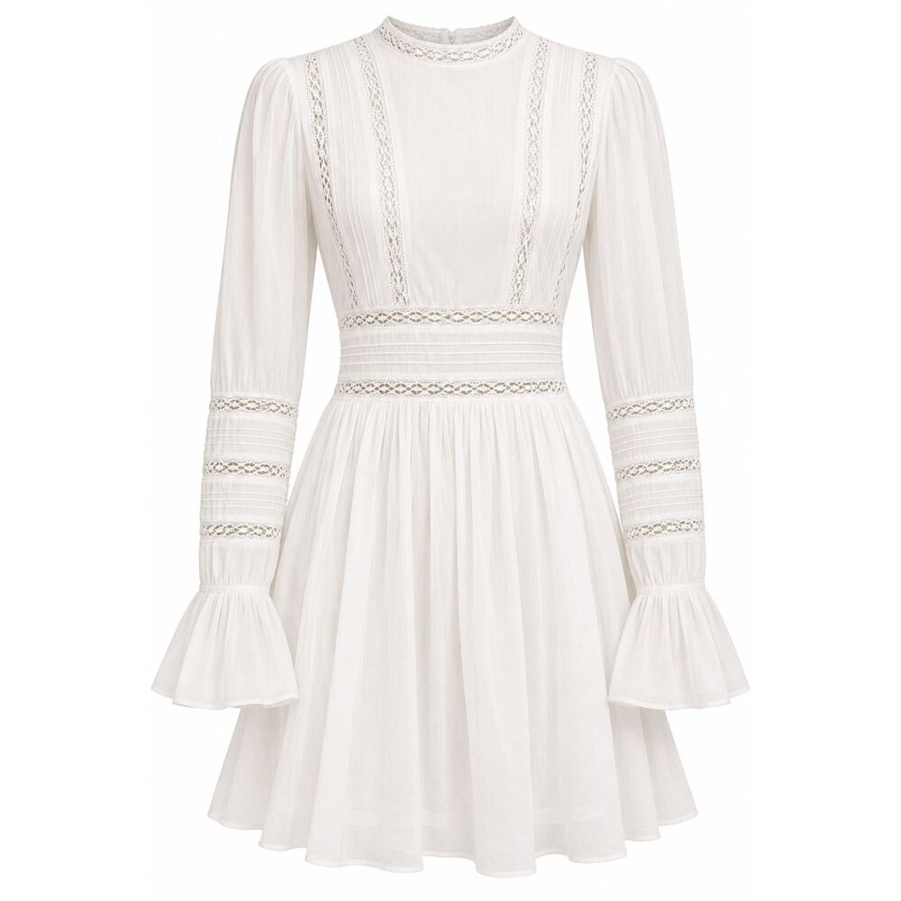 Free People White Lace Pintuck Bell Sleeve Boho Mini Dress
